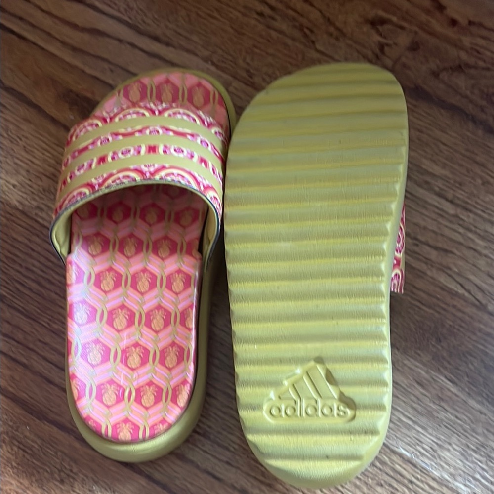 Adidas Pink and Yellow Platform Slide Sandals Women’s 5